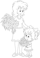 A little girl and her mum with bouquets of flowers