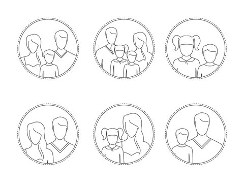 Line-art, silhouettes of people, parents and children, in the framework