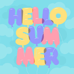 Balloon Lettering, colorful Hello Summer text.  Rounded, semi-transparent, bubble letters on a blue sky backgroung 