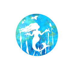 Mermaid silhouette cartoon with fish on watercolor background
