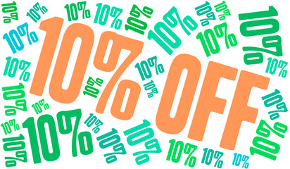 Ten Percent Off word cloud on a white background. 