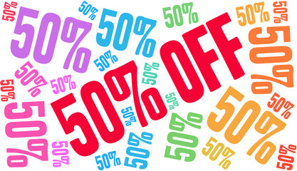  Fifty Percent Off word cloud on a white background. 