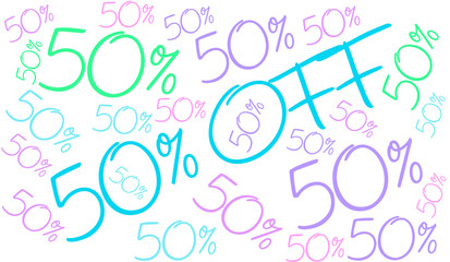 Fifty Percent Off word cloud on a white background. 