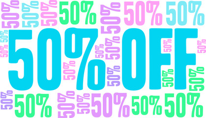 50% Off - Fifty Percent Off word cloud on a white background.