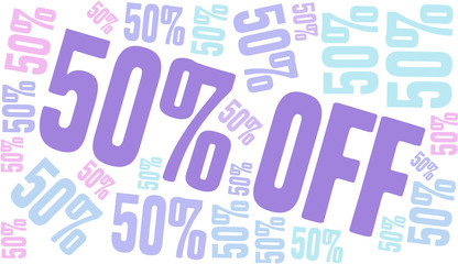 Fifty Percent Off word cloud on a white background. 
