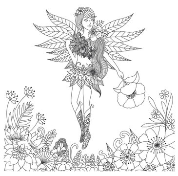 Hand Drawn Fairy Flying In Flower Land For Coloring Book For Adult