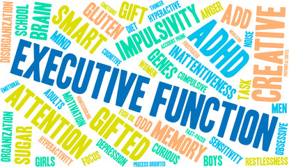 Executive Function word cloud on a white background. 
