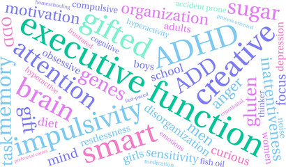 Executive Function word cloud on a white background. 