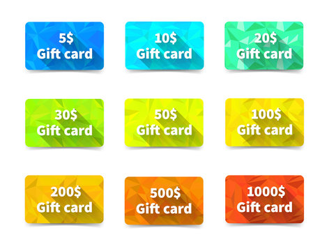 Set of nine gift cards different value and colours on triangulated background with shadow