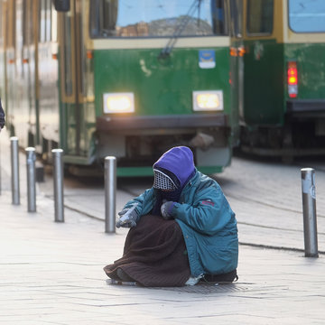 Homeless person in a center of Helsinki, Finland.