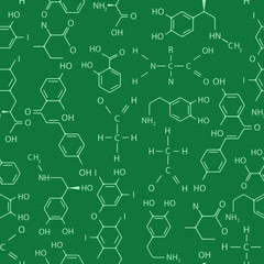 Vector seamless pattern of chemical formulas on green background.