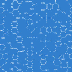 Vector seamless pattern of chemical formulas on blue background.