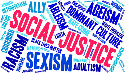 Social Justice word cloud on a white background. 