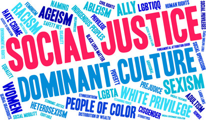 Social Justice word cloud on a white background.