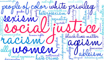 Social Justice word cloud on a white background.