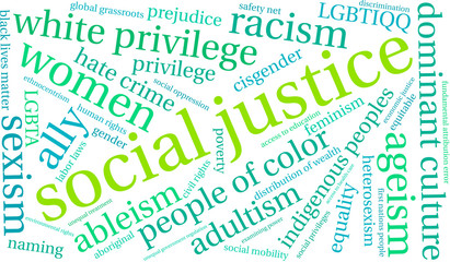 Social Justice word cloud on a white background.