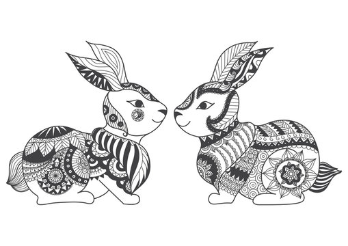 Two rabbits zentangle stylized for coloring book for adult, tattoo, t shirt design, cards and so n