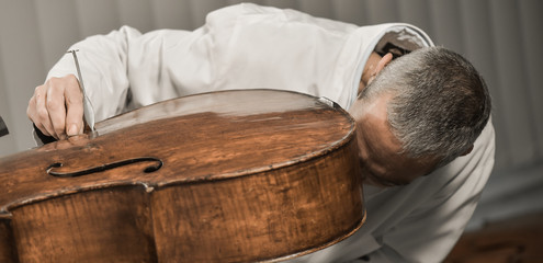 Artisan luthier working on the creation of violin.