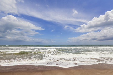 Gentle waves on a sandy beach are captured under a cloudy blue sky at Cocoa Beach, Florida.