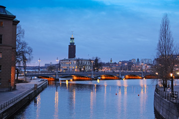 Stockholm, Sweden - March, 16, 2016: night cityscape with the image of a center of Stockholm, Sweden