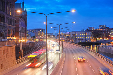 Stockholm, Sweden - March, 16, 2016: night traffic in a center of Stockholm, Sweden