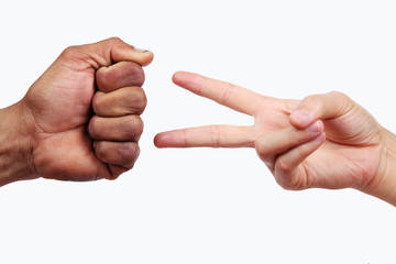 Rock and Scissor hand sign isolated on white background.