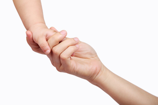 Mom Touching Baby Hand Isolated On White Background.