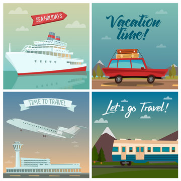 Travel Banners. Sea Holidays. Passenger Ship. Travel by Car. Air Travel. Train Travel