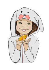 Happy Easter vector cartoon with girl and chick