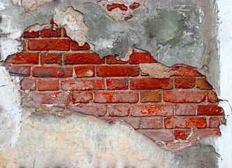 Plasterd red brick wall and grunge texture background abstract hole on cracked plaster concrete. Retro frame for design element