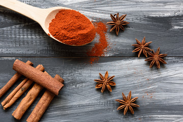 Spices on wooden background
