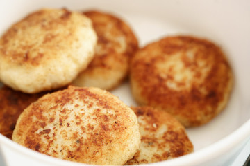 prepared fried fish cakes in bowl, shallow focus