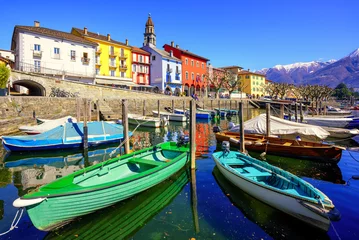 Foto op Canvas Colorful boats in olt town of Ascona, Ticino, Switzerland © Boris Stroujko