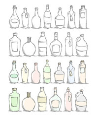 Set of cartoon doodle bottles. Sketch glass bottles for food design, menu. Decorative vector illustration isolated on white. All bottles are grouped for easy editing.