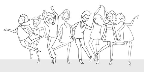 Set of sketch dancing people in different poses on the dance floor. Doodle collection of cartoon dancers, women and men funny characters. Hand drawn vector illustration isolated on white background.