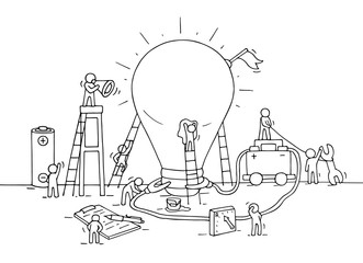 Sketch of lamp idea construction with working people. Doodle cute miniature of building lighting lamp and preparing for the new creative. Hand drawn vector for business design and infographic.