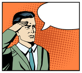 Pop art businessman ready to work with blank speech bubble. Comic patriot stand and salute. Retro styled business vector illustration isolated on orange halftone background.