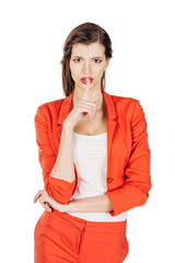 Portrait of young business woman showing hand silence sign, asking someone to keep it quiet. human emotion expression and lifestyle concept. image on a white studio background.