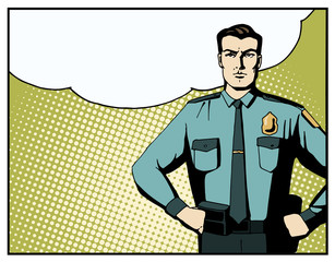 Pop art strong policeman with blank speech bubble. Cartoon beautiful man in blue niform. Vintage advertising poster. Comic hand drawn vector illustration.