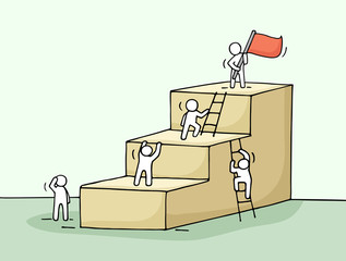 Sketch of career ladder with climbing little people. Doodle cute miniature of stairs with leader on the top. Hand drawn cartoon vector illustration for business design. © sapunkele