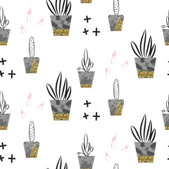 Glitter scandinavian ornament. Concrete pots with plants. Vector gold seamless pattern collection. Modern shimmer details stylish texture.