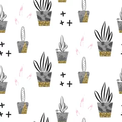 Washable wallpaper murals Plants in pots Glitter scandinavian ornament. Concrete pots with plants. Vector gold seamless pattern collection. Modern shimmer details stylish texture.