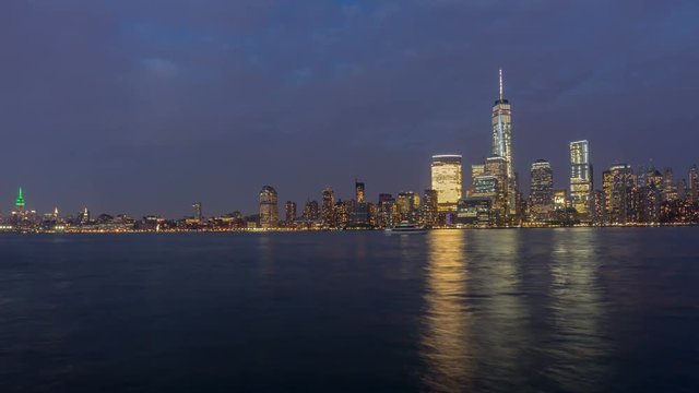 night light new york manhattan freedom tower jercey panorama 4k time lapse usa
