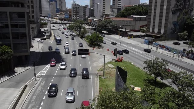Traffic of cars in Avenue Preste Maia, downtown of city  of Sao Paulo, Brazil.