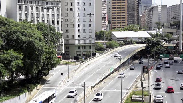 Traffic of cars in Avenue 23 may, downtown of city  of Sao Paulo, Brazil.