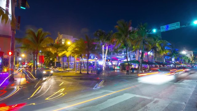 night light miami south beach ocean drive traffic crossroad 4k time lapse usa
