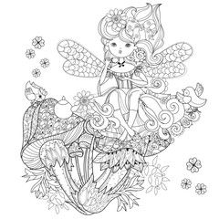 Vector cute fairy girl in flowers doodle