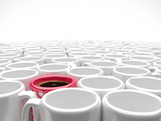 Fototapeta premium an array of shiny white mugs and one red mug with white hearts filled with coffee - blending into a white background - with depth of field effect