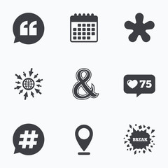 Quote, asterisk footnote icons. Hashtag symbol.