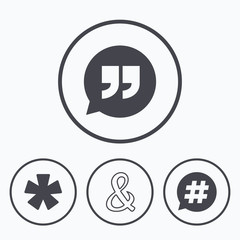 Quote, asterisk footnote icons. Hashtag symbol.